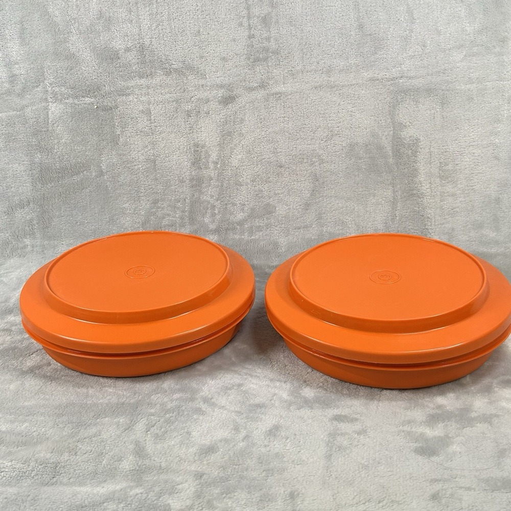 Set Of‎ 2 Vintage Orange Tupperware #1336-13 Seal-N-Serve Bowls W/#1337-15 Lids